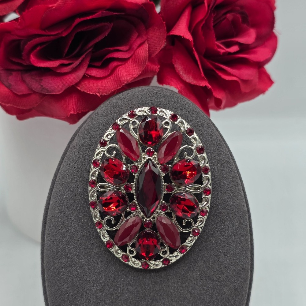 Liz Claiborne Oval Red Rhinestone Brooch Silver Tone Filigree Art Deco Styleโ